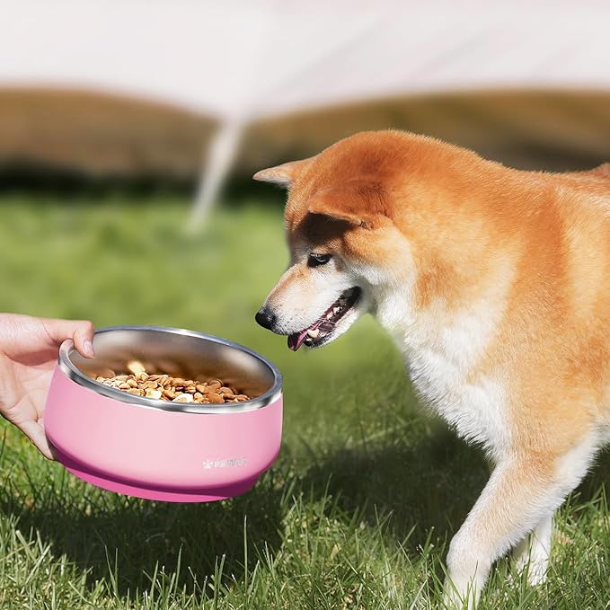 Pawaii Stainless Steel Dog Bowl with Non-Slip Rubber Base &amp; Double Wall Insulation - Durable Design | Includes ID Tag | Dishwasher Safe Food &amp; Water Bowl for All Dogs (34oz)