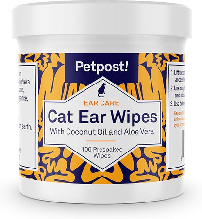 Petpost | Cat Ear Cleaner Wipes - Ultra Soft Cotton Pads in Coconut Oil Solution - Treatment for Removing Cat Ear Dirt &amp; Wax 100 ct.