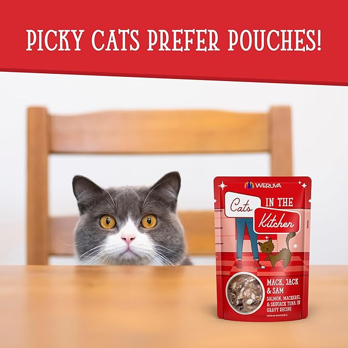 Weruva Cats in The Kitchen Mack, Jack &amp; Sam with Mackerel, Skipjack &amp; Salmon in Gravy Cat Food, 3oz Pouch (Pack of 12)
