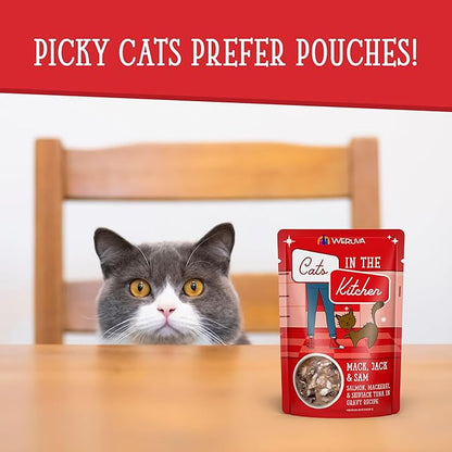Weruva Cats in The Kitchen Mack, Jack &amp; Sam with Mackerel, Skipjack &amp; Salmon in Gravy Cat Food, 3oz Pouch (Pack of 12)