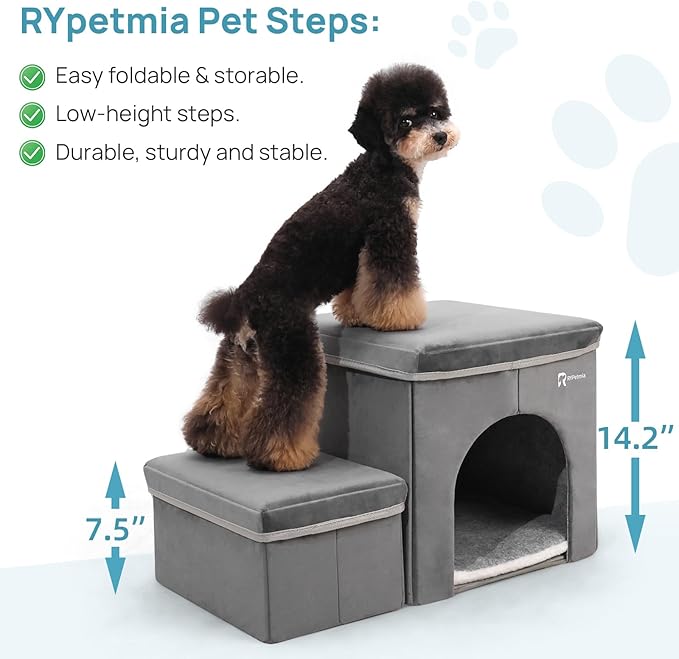 Foldable Pet Stairs for Beds &amp; Sofas - Non-Slip Dog Steps with Storage for Small to Medium Dogs &amp; Cats, Supports up to 120 lbs - Durable 2 &amp; 3-Step Doggie Ladder for Easy Access