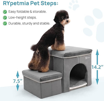 Foldable Pet Stairs for Beds &amp; Sofas - Non-Slip Dog Steps with Storage for Small to Medium Dogs &amp; Cats, Supports up to 120 lbs - Durable 2 &amp; 3-Step Doggie Ladder for Easy Access