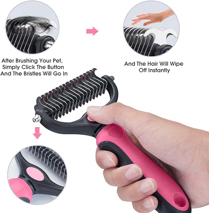 Pet Grooming Tool - 2 Sided Undercoat Rake for Cats and Dogs - Safe Dematting Comb for Easy Mats &amp; Tangles Removing - No More Nasty Shedding and Flying Hair