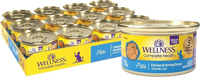 Wellness Complete Health Pate Adult Wet Cat Food, Natural, Protein-Rich, Grain-Free, 3 Ounce, 24 Pack, (Chicken &amp; Herring)