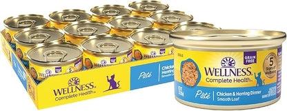 Wellness Complete Health Pate Adult Wet Cat Food, Natural, Protein-Rich, Grain-Free, 3 Ounce, 24 Pack, (Chicken &amp; Herring)