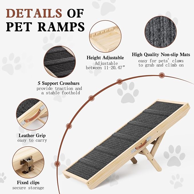 Dog Ramp for Couch, Wooden Pet Ramps 39.37" Long Adjustable 11"-20.47" Folding Puppy Ramps with High Traction Mat, Dog Stairs for Small &amp; Medium Older Dogs &amp; Cats, up to 150lbs