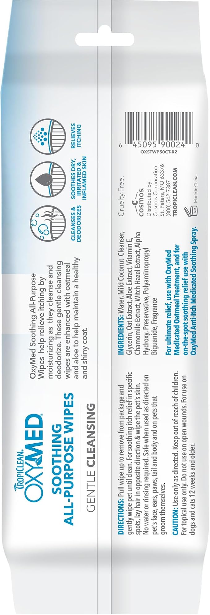 TropiClean Oxymed Soothing Allover Cat &amp; Dog Wipes For Paws And Butt | Anti Itch Relief For Dogs &amp; Cats 50 Count
