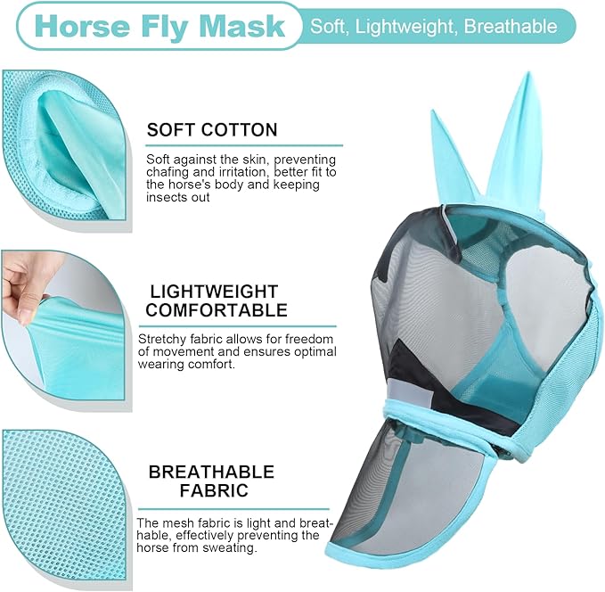 Luminous Horse Fly Mask with Long Nose, Ears, Full Face &amp; Eye Protection - Full Mesh, Detachable Nose Cover, Fleece Padded Edging, Hook-and-Loop Straps with Webbing, Hanging Straps Mint Green