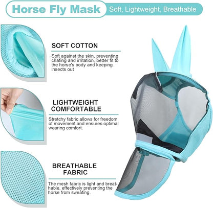 Luminous Horse Fly Mask with Long Nose, Ears, Full Face &amp; Eye Protection - Full Mesh, Detachable Nose Cover, Fleece Padded Edging, Hook-and-Loop Straps with Webbing, Hanging Straps Mint Green
