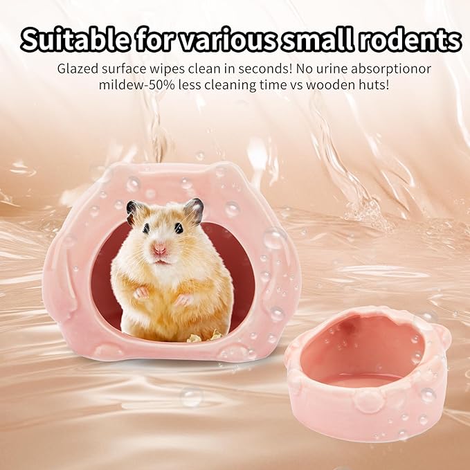 Bear-Shaped Hamster Hideout &amp; Food Bowl Set - Ceramic Habitat for Syrian Dwarf Hamsters, Mice, Gerbils - All-Season Use, Chew-Proof Ceramic House and Feeding Dish for Small Pets(Pink)