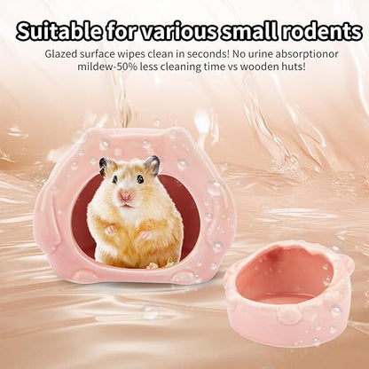 Bear-Shaped Hamster Hideout &amp; Food Bowl Set - Ceramic Habitat for Syrian Dwarf Hamsters, Mice, Gerbils - All-Season Use, Chew-Proof Ceramic House and Feeding Dish for Small Pets(Pink)