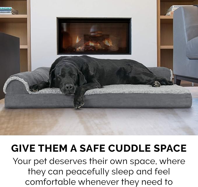 Furhaven Cooling Gel Dog Bed for Medium/Small Dogs w/ Removable Bolsters &amp; Washable Cover, For Dogs Up to 35 lbs - Two-Tone Plush Faux Fur &amp; Suede L Shaped Chaise - Stone Gray, Medium