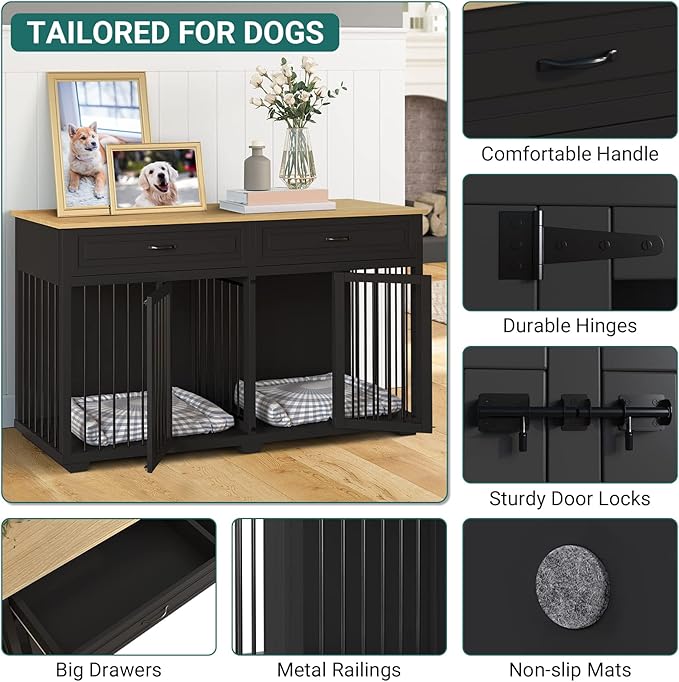 Large Dog Crate with Double Rooms, 72" Heavy Duty Wooden Dog Cage Furniutre Dog Crate Kennel w/Drawers &amp; Removable Divider,Indoor Luxury Dog House for Large Dogs,Black