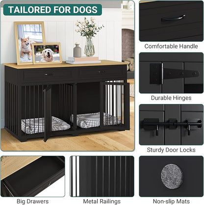 Large Dog Crate with Double Rooms, 72" Heavy Duty Wooden Dog Cage Furniutre Dog Crate Kennel w/Drawers &amp; Removable Divider,Indoor Luxury Dog House for Large Dogs,Black