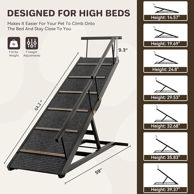 Pet Ramp Folding Portable Wooden Dog &amp; Cat Ramps for Couch or Bed, Including Non Slip Mat &amp; Safety Side Rails, 64.2 Inch Long and Height Adjustable from 13.4 Inch to 38 Inch Up to 110 Lbs