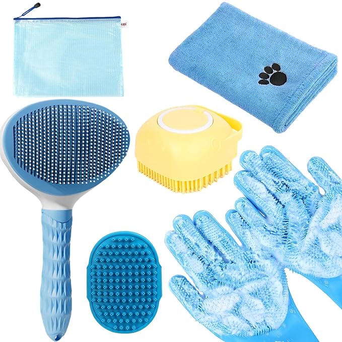 Bath Grooming Kit with Hair Brush, Towel &amp; Scrubber Gloves - 6-in-1 Slicker Brush for Shedding Dogs &amp; Cats, Blue