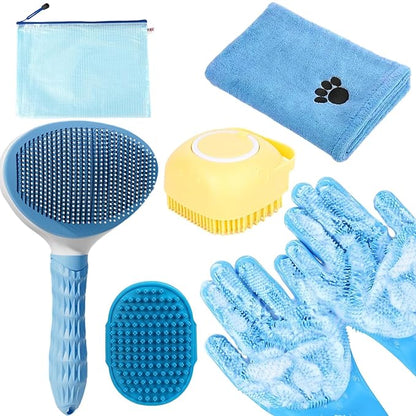 Bath Grooming Kit with Hair Brush, Towel &amp; Scrubber Gloves - 6-in-1 Slicker Brush for Shedding Dogs &amp; Cats, Blue