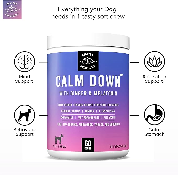 Calming Chews for Dogs - Dog Calming Treats for Anxiety &amp; Stress Relief with Melatonin and Ginger - Aid with Storms, Grooming, Fireworks, Separation, Travel, Motion Sickness, &amp; Sleep - 60 Soft Chews