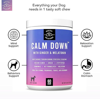 Calming Chews for Dogs - Dog Calming Treats for Anxiety &amp; Stress Relief with Melatonin and Ginger - Aid with Storms, Grooming, Fireworks, Separation, Travel, Motion Sickness, &amp; Sleep - 60 Soft Chews
