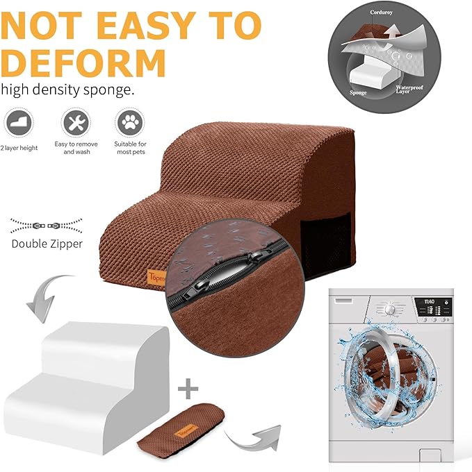Topmart High Density Foam Pet Steps 2 Tiers,11.8" High,Non-Slip Dog Stairs &amp; Ramp,Soft Foam Dog Ladder,Best for Injured,Older Cats,Pets with Joint Pain,Suitable for Low Sofas,Stairs,Lower Place