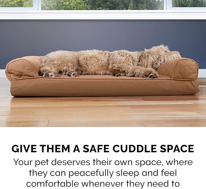 Furhaven Cooling Gel Dog Bed for Large Dogs w/ Removable Bolsters &amp; Washable Cover, For Dogs Up to 125 lbs - Quilted Sofa - Toasted Brown, Jumbo Plus/XXL