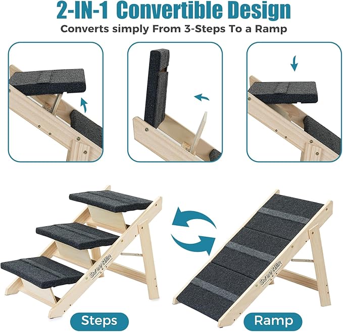 Wood Pet Stairs/Pet Steps for All Dogs and Cats - 2-in-1 Foldable Carpeted 3 Tiers Dog Stairs &amp; Ramp Perfect for Beds and Cars - Portable Dog/Cat Ladder Up to 120 Pounds