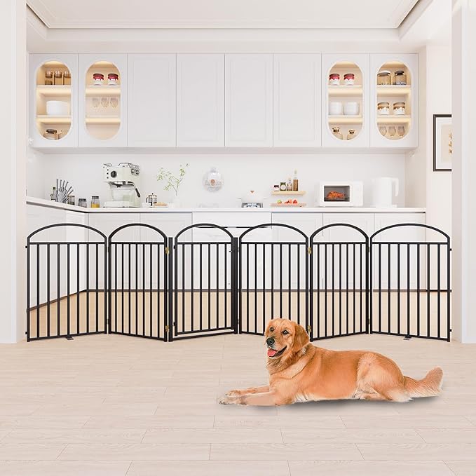 6 Panles Full Matel Freestanding Dog Gates with Door, 144"Extra Wide 32"Tall Free Standing Dog Pet Gate for Indoor &amp; Outdoor. Foldable Pet Fences for Doorways, House, Stairs, Porch, Deck, Yard