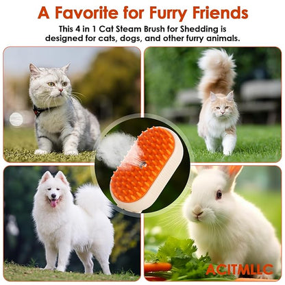 Cat Steam Brush for Shedding &amp; Deshedding - 4-in-1 USB Rechargeable Pet Hair Removal Comb with Water Tank, for Indoor Long/Short Haired Cats &amp; Dogs, Grooming Massage &amp; Cleaning (Khaki)