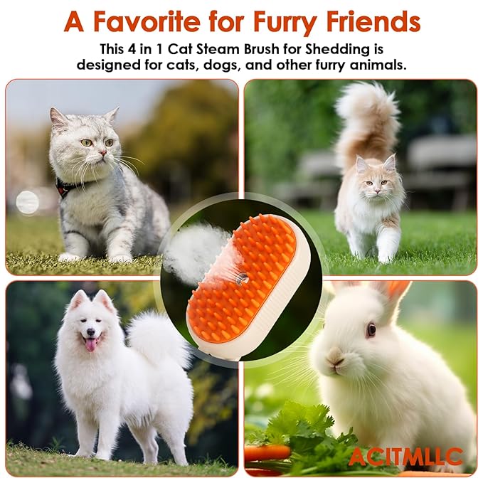 4 in 1 Cat Steam Brush for Shedding, Cleaning, Massage &amp; Smooth, USB Rechargeable Pet Spray Hair Removal Comb, for Indoor Long/Short Haired Cats &amp; Dogs (White)