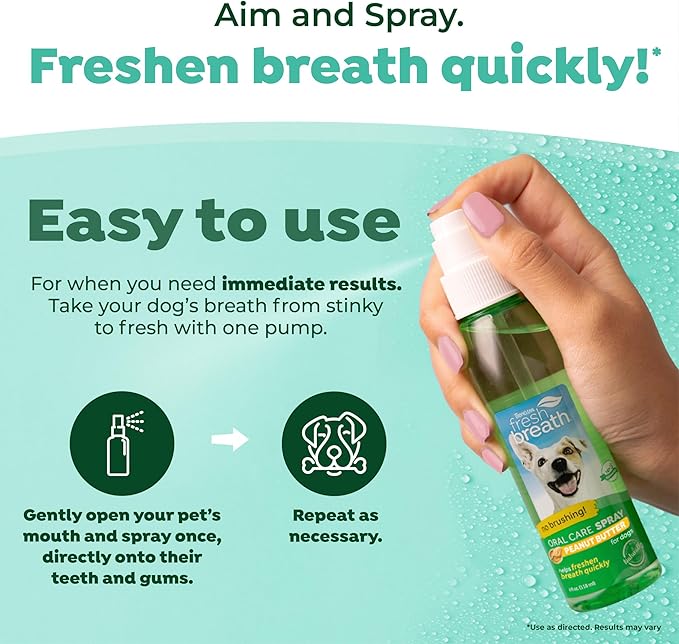 TropiClean Fresh Breath Spray for Dogs &amp; Cats | Peanut Butter Flavored | Travel-Ready Pet Breath Freshener Spray | Made in the USA | 4 oz.