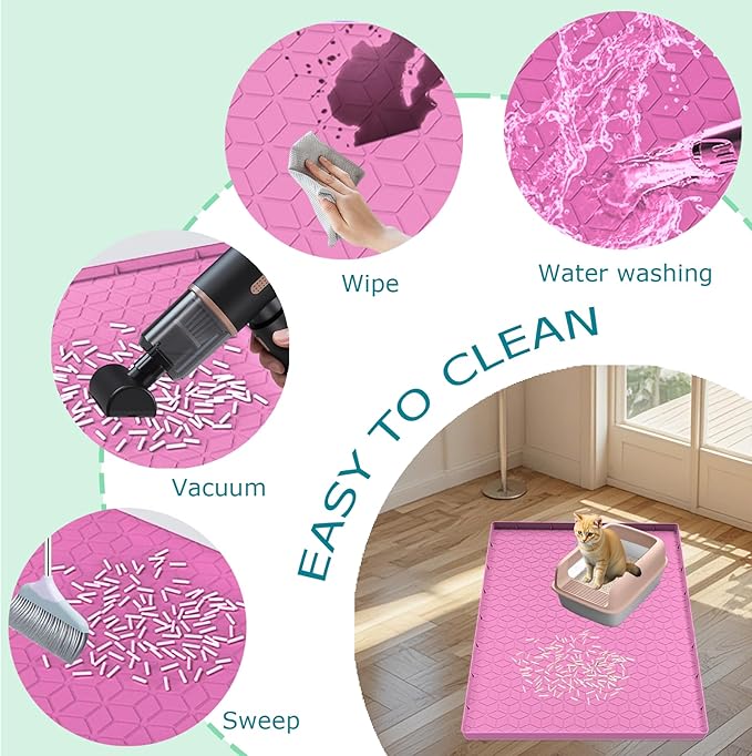 Cat Litter Mat, Silicone Large Cat Mat for Litter Box - 28x22 in, Waterproof &amp; Non-Slip, Durable &amp; Easy Clean, Pink