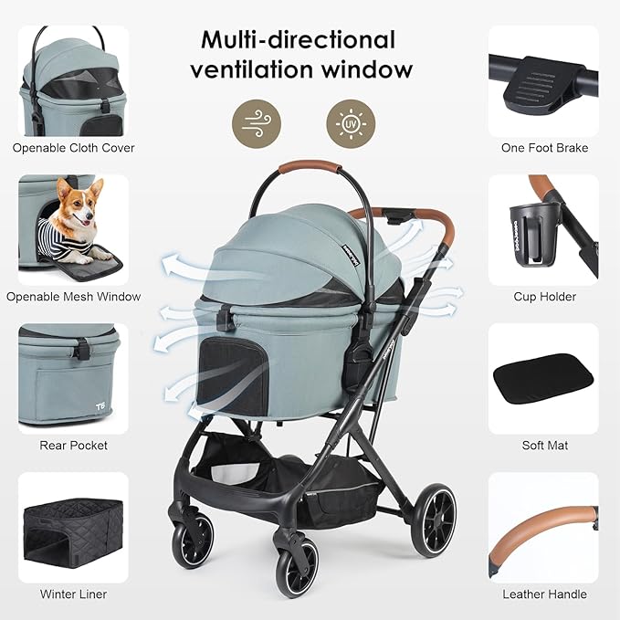 T6 Luxury Pet Stroller for Medium Dogs Up to 66lbs or 2 Small Pets – 3-in-1 Dog &amp; Cat Stroller with Removable Carrier, Foldable &amp; Lightweight (Green)