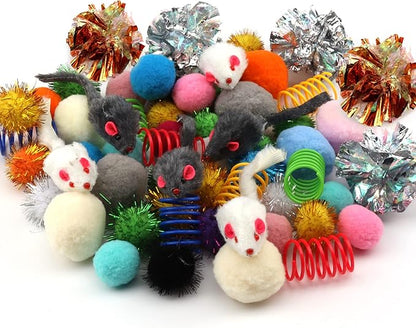 60 Pack Cat Toys - Assorted Kitten, Mouse, Crinkle &amp; Pom Pom Balls