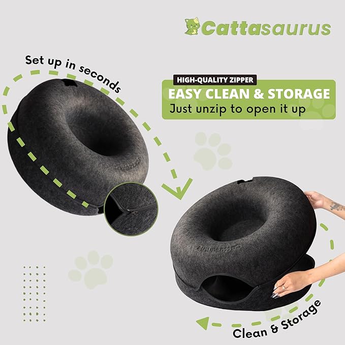 Cattasaurus Peekaboo Cat Cave, Extra Spacious for Multiple &amp; Large Cats 12+ lbs, Scratch Detachable Beds for Indoor Cats, Washable Tunnel Bed, Comfy Cat Donut Tunnel (Light Gray+Dark Gray, Jumbo)