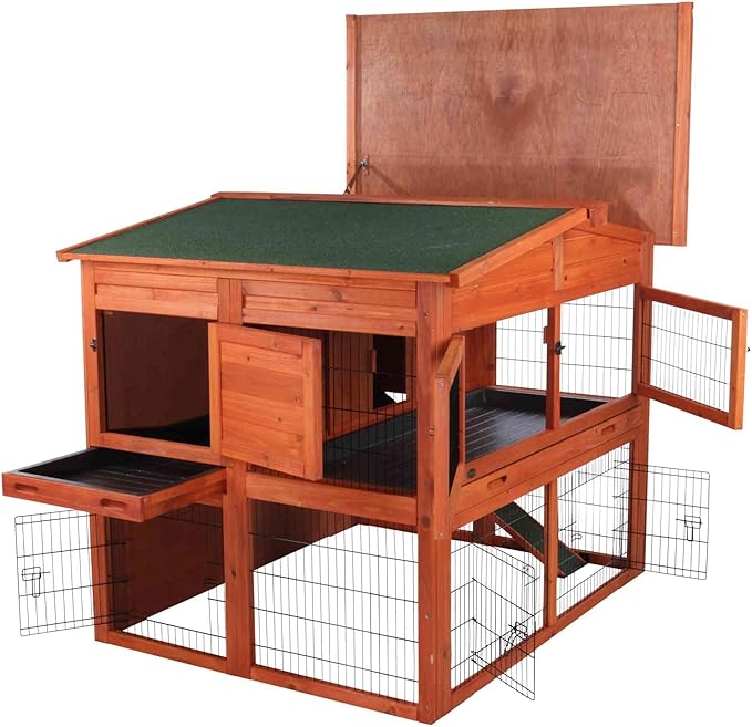 TRIXIE natura Outdoor Deluxe Rabbit Hutch with Run - Large 2-Story Rabbit Cage with Non-Slip Ramp - Elevated Small Animal House with Secure Playpen, Hinged Roof &amp; Two Pull-Out Trays - in Natural