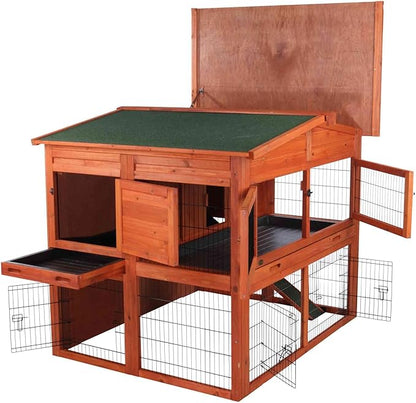TRIXIE natura Outdoor Deluxe Rabbit Hutch with Run - Large 2-Story Rabbit Cage with Non-Slip Ramp - Elevated Small Animal House with Secure Playpen, Hinged Roof &amp; Two Pull-Out Trays - in Natural