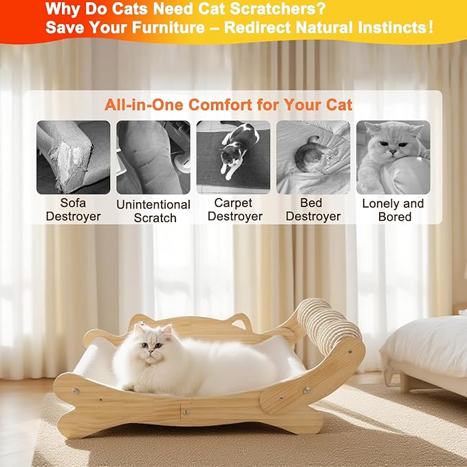 Cat Scratcher Bed for Indoor Cats | 3-in-1 Scratching Post &amp; Hammock Lounge with Wooden Perch, No-Tip Stable Base for Small/Medium/Large Cats ，Durable Scratch Pad &amp; Cat Furniture (Easy Assembly)