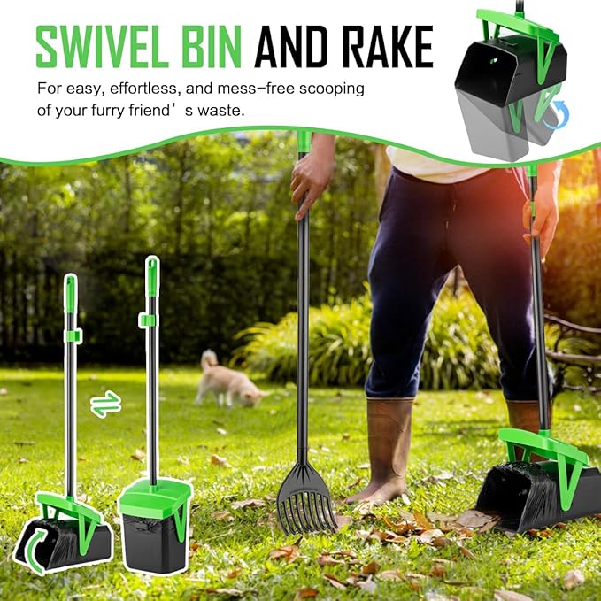 Pooper Scooper Swivel Bin &amp; Rake with 100 Waste Bags, Dog Pooper Scooper with Bag Attachment for Large Medium Small Dogs, Poop Scooper with Lid for Lawn Yard Dog Kennel