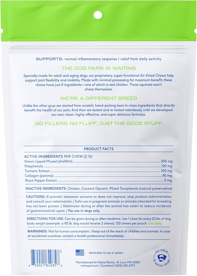 Native Pet Pain Relief for Dogs - Collagen for Dogs Promotes Joint Health, Reduce Inflammation &amp; Stiffness - Senior Pup Joint Supplement - Natural Pain Reliever for Active &amp; Aging Pets - 120 Chews
