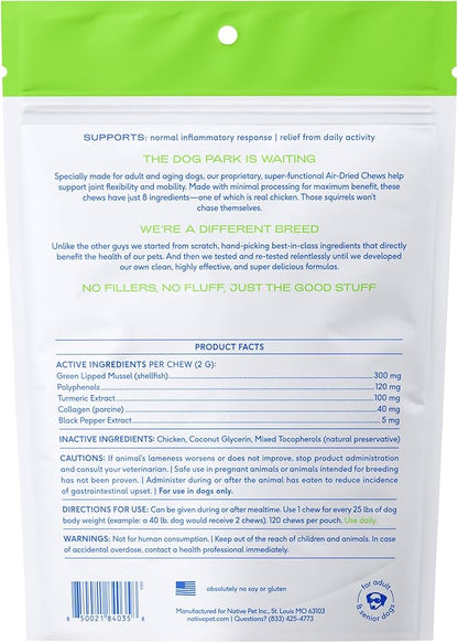 Native Pet Pain Relief for Dogs - Collagen for Dogs Promotes Joint Health, Reduce Inflammation &amp; Stiffness - Senior Pup Joint Supplement - Natural Pain Reliever for Active &amp; Aging Pets - 120 Chews