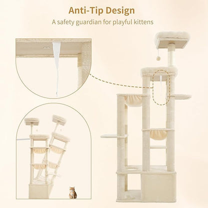 Heybly Heavy Duty Cat Tree, 71-Inch Tall Tower for Large Maine Coon with Extra-Large Baseboard, Cat Condo Furniture with Multi-Level Platforms, 2 Hammocks and 12 Scratching Posts, Beige HCT037M