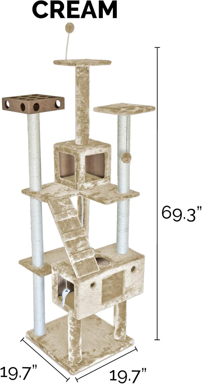 Furhaven 69.3" Tall Cat Tree for Indoor Cats, Ft. Sisal Scratching Posts, 2x Cat Condos, &amp; Toys - Tiger Tough Double Decker Interactive Playground Tower - Cream, One Size