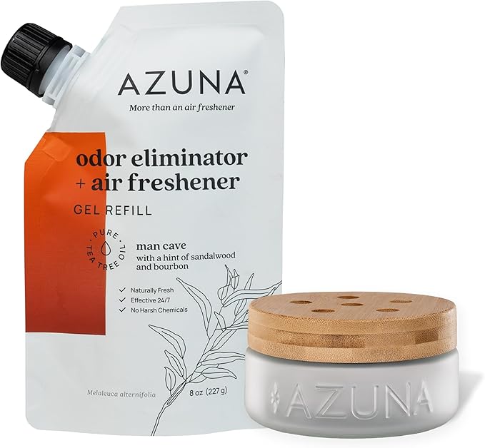 Azuna Air Freshener &amp; Odor Eliminator for Strong Odor | 1 Room Kit Includes (1) Empty Luxe Glass Jar &amp; 8oz Refill with Tea Tree Essential Oil Gel | Sandalwood | Last 60-90 Days