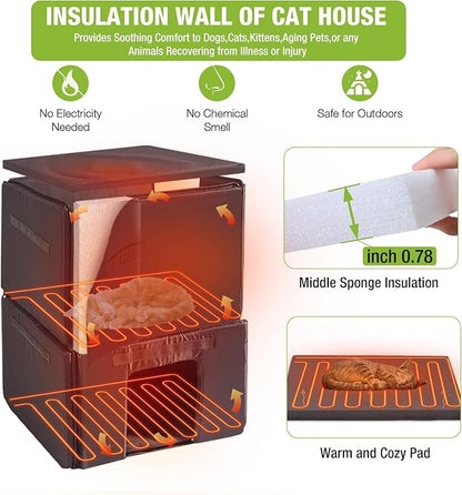 GUTINNEEN Outdoor Heated Cat House for Winter, Weatherproof Wooden Feral Cat Shelter with Escape Door, Heating Pad &amp; Removable Mat(AIR14-Heated)