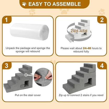 Dog Stairs for Small Dogs 27”H, 6-Step Dog Steps for High Bed, High-Density Foam Pet Stairs with Non-Slip Removable Washable Cover to Get on Bed(Grey)