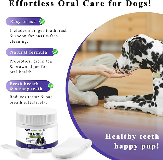 Dog Teeth Cleaning Powder, Pet Dental Powder -Dental Care, Dogs Breath Freshener with Probiotics for Tartar &amp; Reduces Plaque &amp; Bad Breath Teeth Cleaning for Small, Medium, Large Dogs 100g