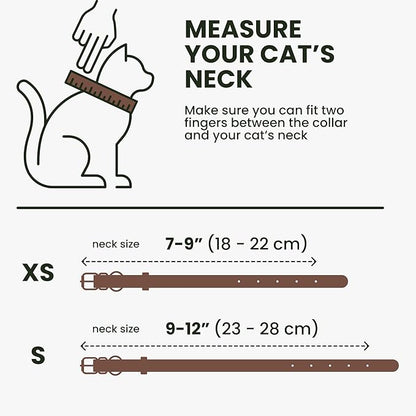 BRONZEDOG Leather Cat Collar with Removable Bells Non Breakaway Kitten QR Tag for Girl Boy (7" - 9" for Cats, Dark Brown &amp; Gold)