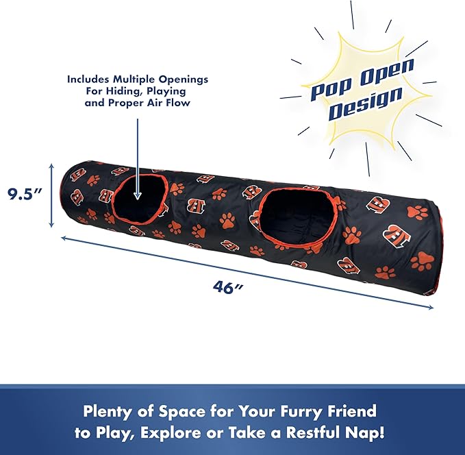NFL Cincinnati Bengals Cat Tunnel Tube Toy with Plush Football Catnip and Feathers Collapsible Tunnel for Cats to Play, Peek and Hide, Sporty &amp; Fun Cat Tunnel Toy with Team Logo All-Over Design!