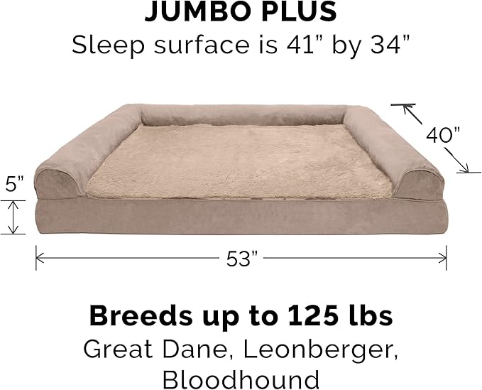 Furhaven Orthopedic Dog Bed for Large Dogs w/ Removable Bolsters &amp; Washable Cover, For Dogs Up to 125 lbs - Plush &amp; Suede Sofa - Almondine, Jumbo Plus/XXL