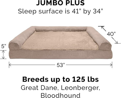 Furhaven Orthopedic Dog Bed for Large Dogs w/ Removable Bolsters &amp; Washable Cover, For Dogs Up to 125 lbs - Plush &amp; Suede Sofa - Almondine, Jumbo Plus/XXL